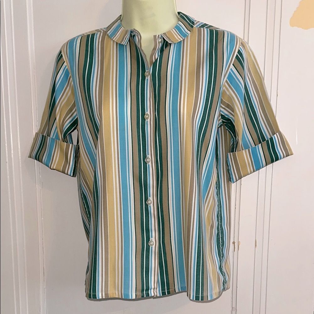 Vintage 60s Bobbie Brooks Striped Blue, Green & Tan Striped Short Sleeve Shirt